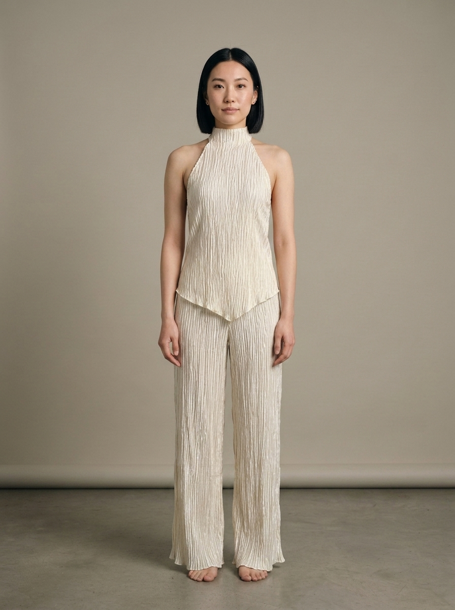Cream Crinkled Halter Neck Two-Piece Set worn by a model, front view