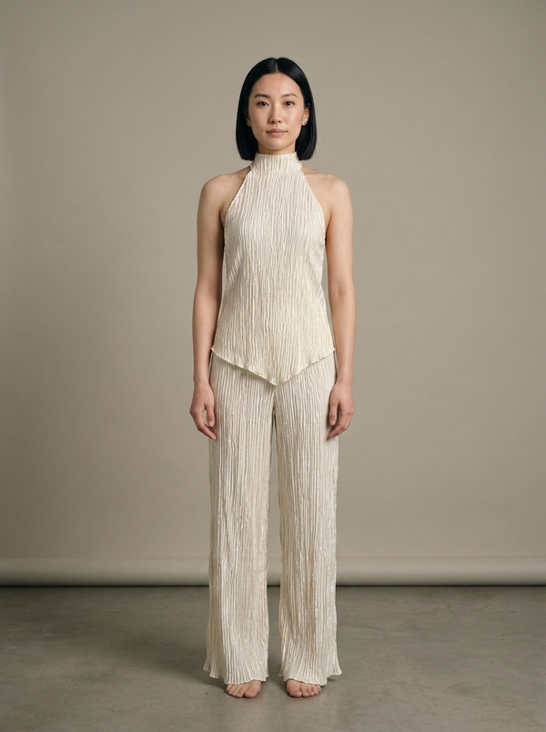 Cream Crinkled Halter Neck Two-Piece Set