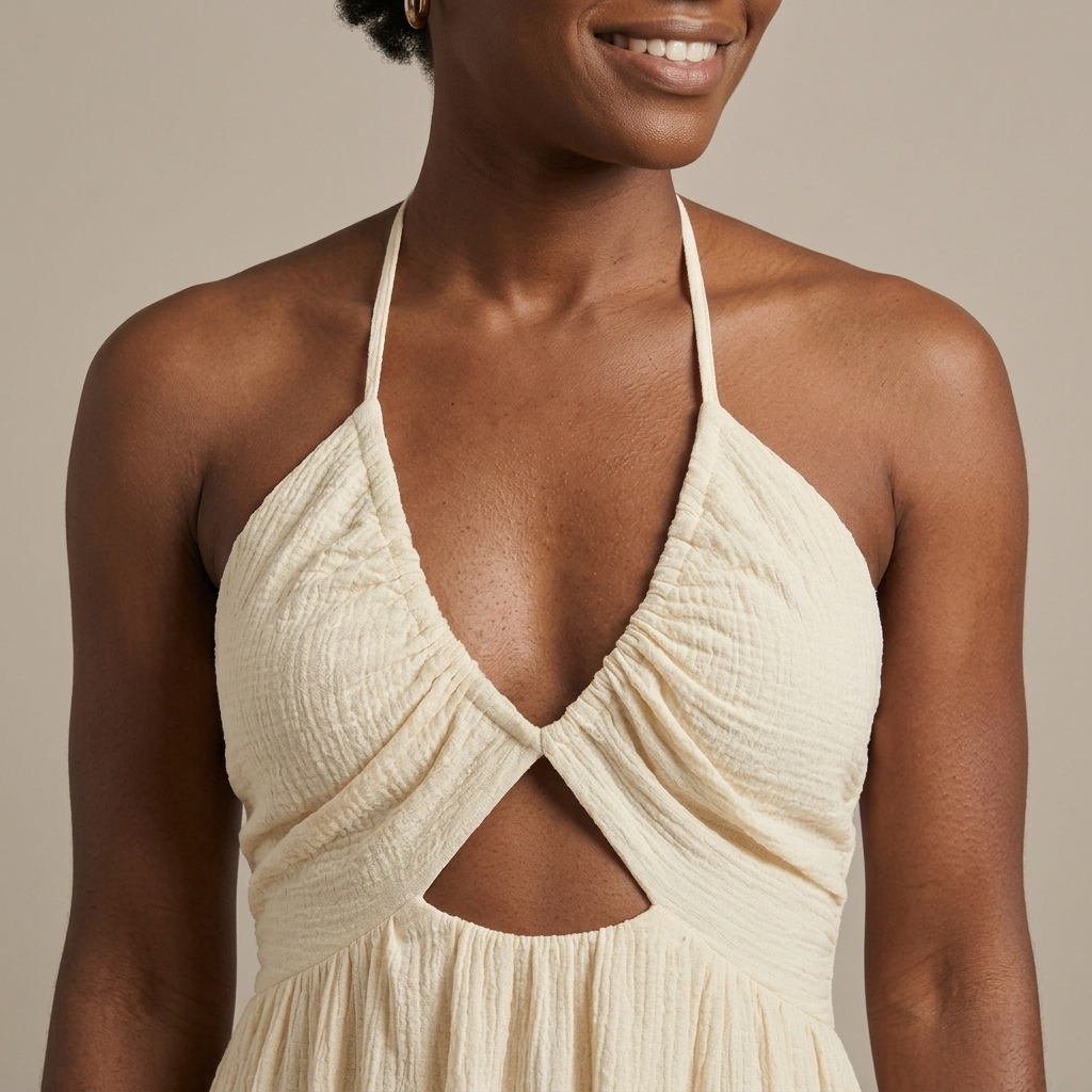 Close-up of Cream Halter Cutout Textured Midi Dress detail