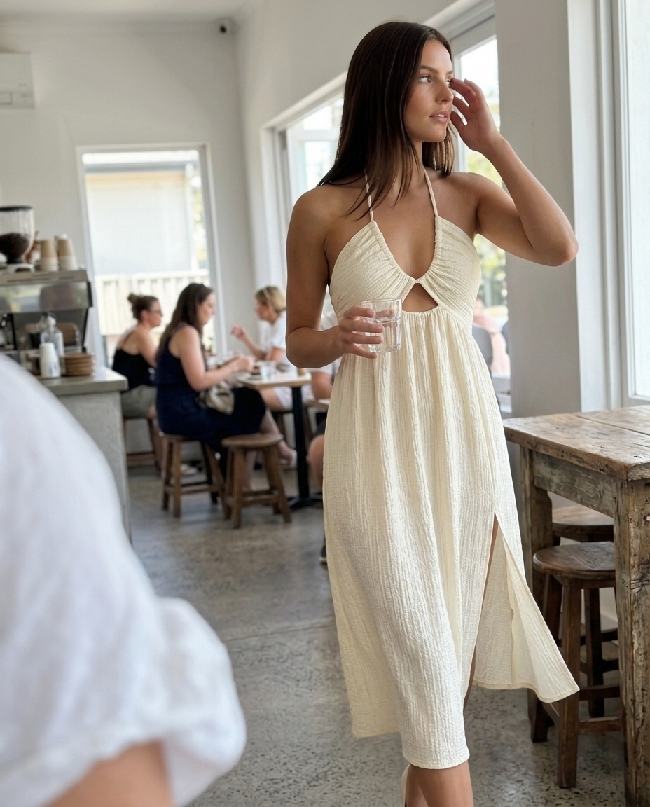 Cream Halter Cutout Textured Midi Dress styled in a daylight interior setting