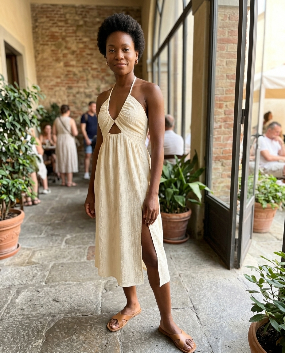 Cream Halter Cutout Textured Midi Dress styled in a daylight interior setting