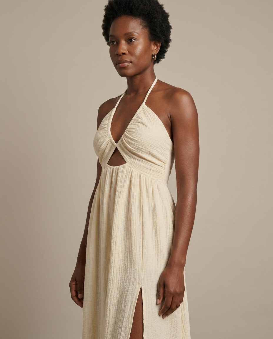 Cream Halter Cutout Textured Midi Dress worn by a model, close waist-up view