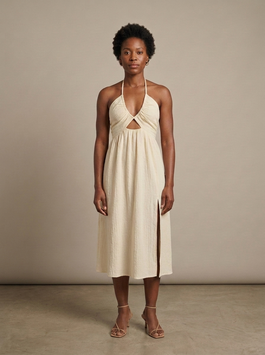 Cream Halter Cutout Textured Midi Dress worn by a model, front view