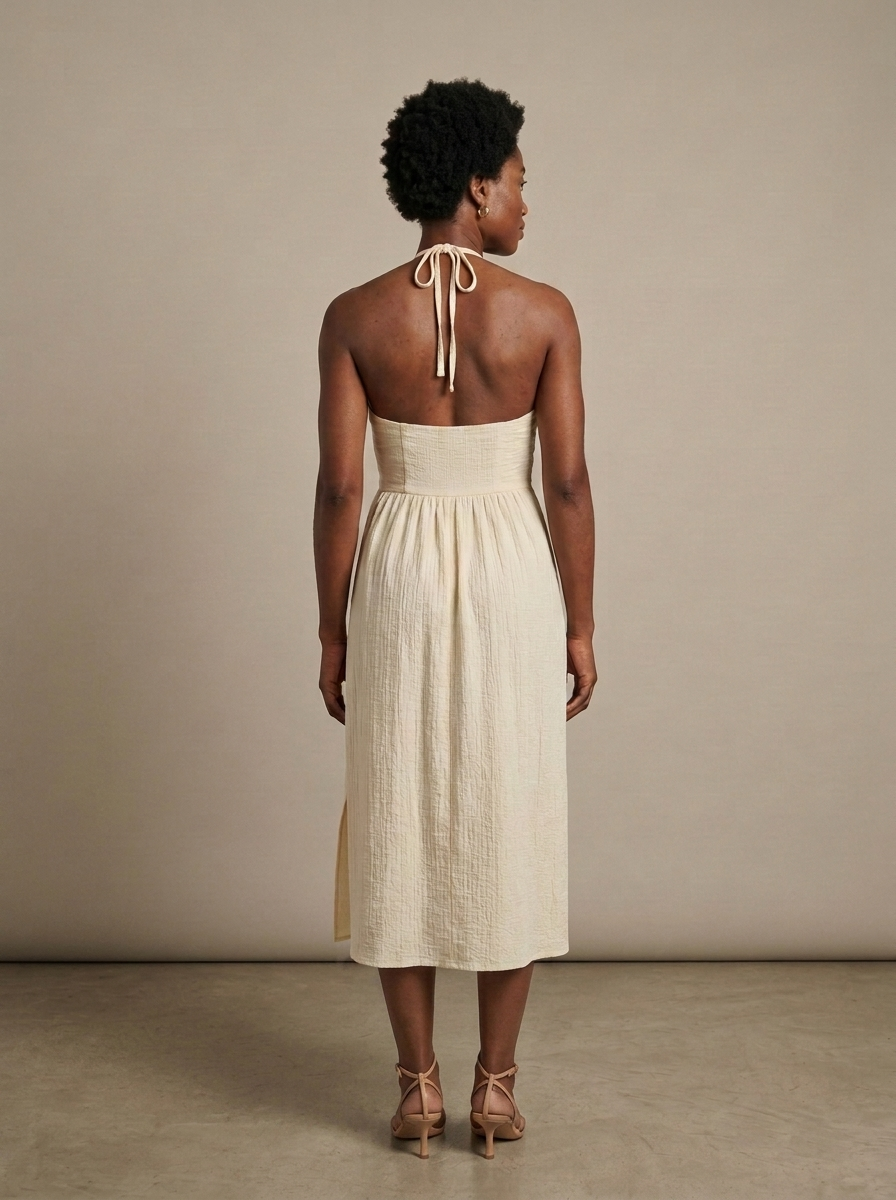 Cream Halter Cutout Textured Midi Dress worn by a model, back view