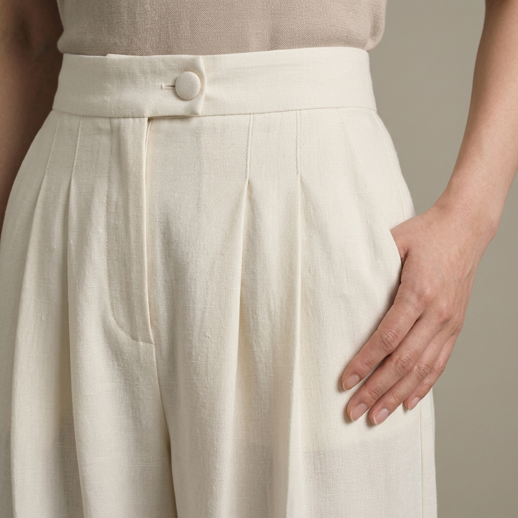 Close-up of Cream Pleated Wide-leg Trousers detail
