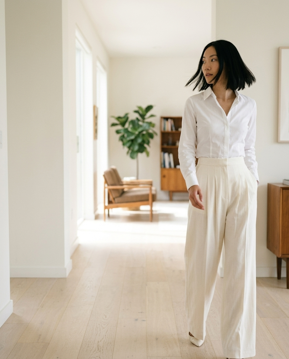 Cream Pleated Wide-leg Trousers styled in a daylight interior setting