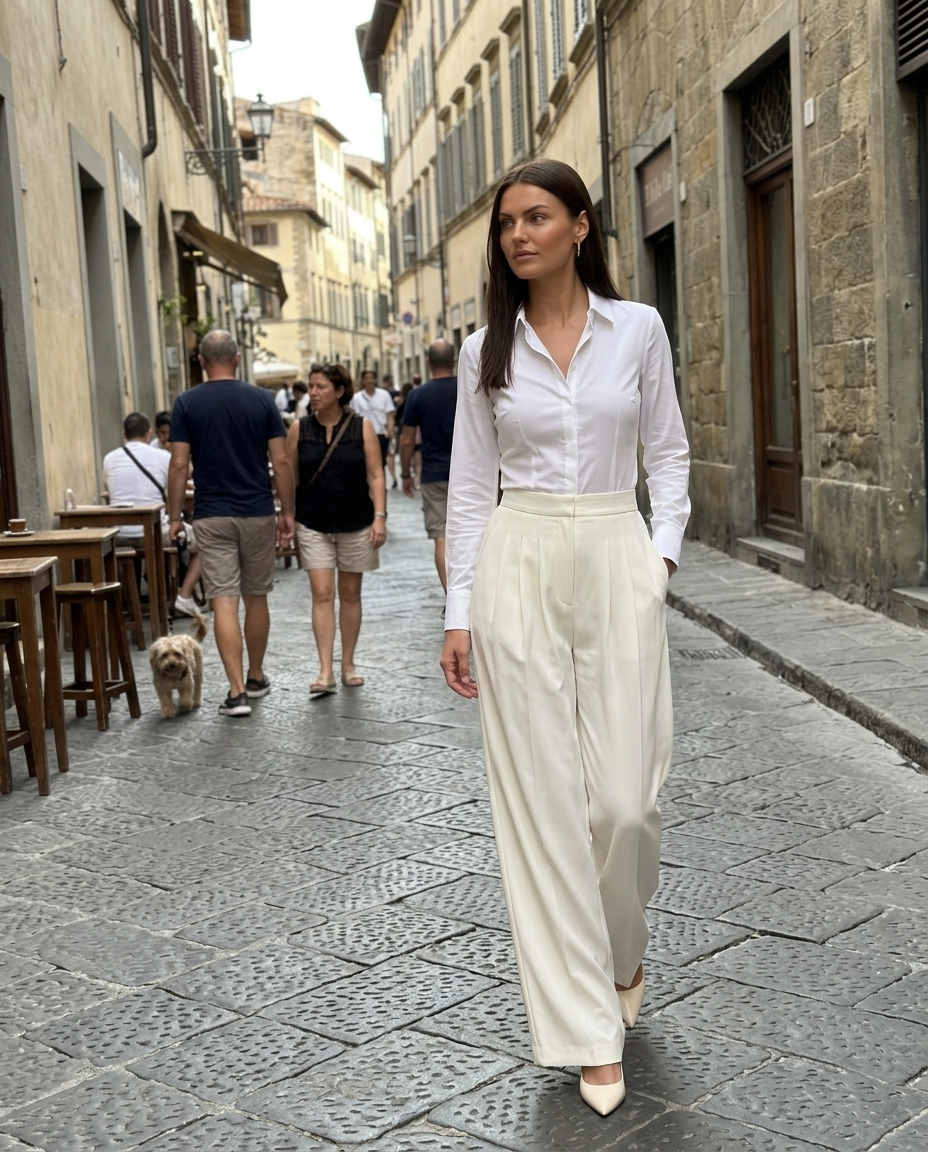 Cream Pleated Wide-leg Trousers worn in an everyday street setting
