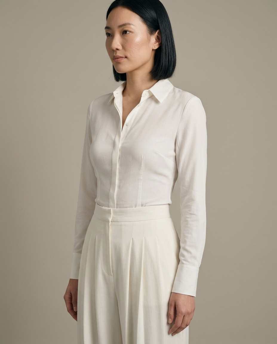 Cream Pleated Wide-leg Trousers worn by a model, close waist-up view