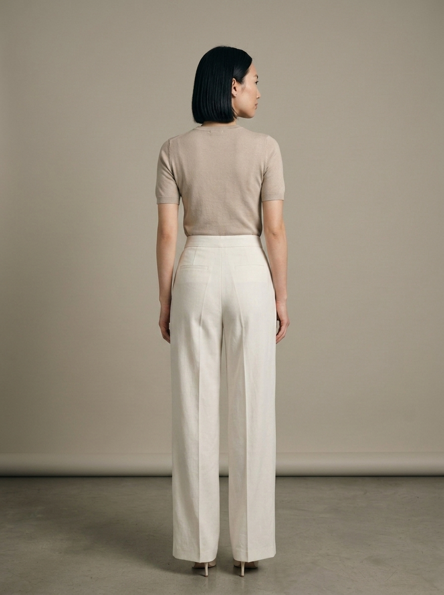 Cream Pleated Wide-leg Trousers worn by a model, back view