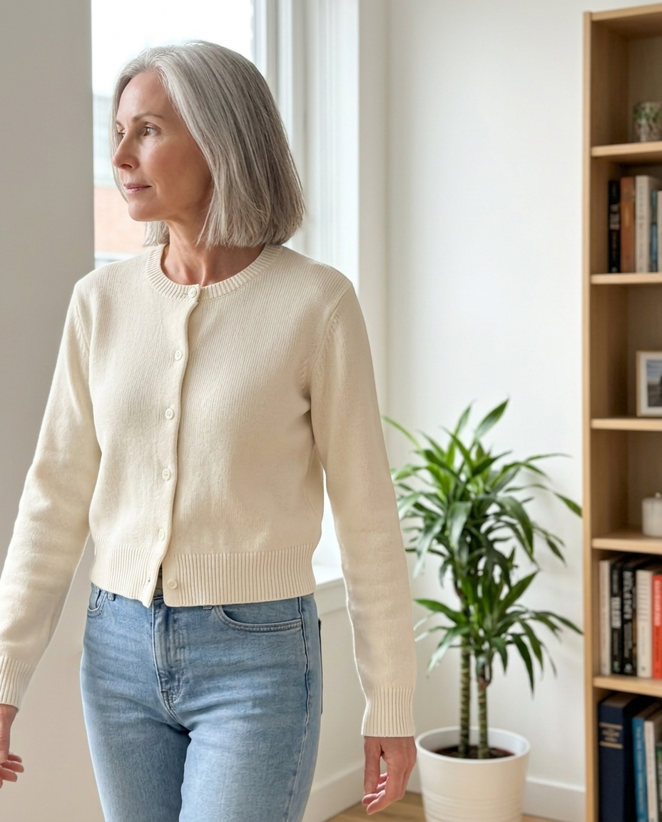 Cream Ribbed Cropped Knit Cardigan styled in a daylight interior setting