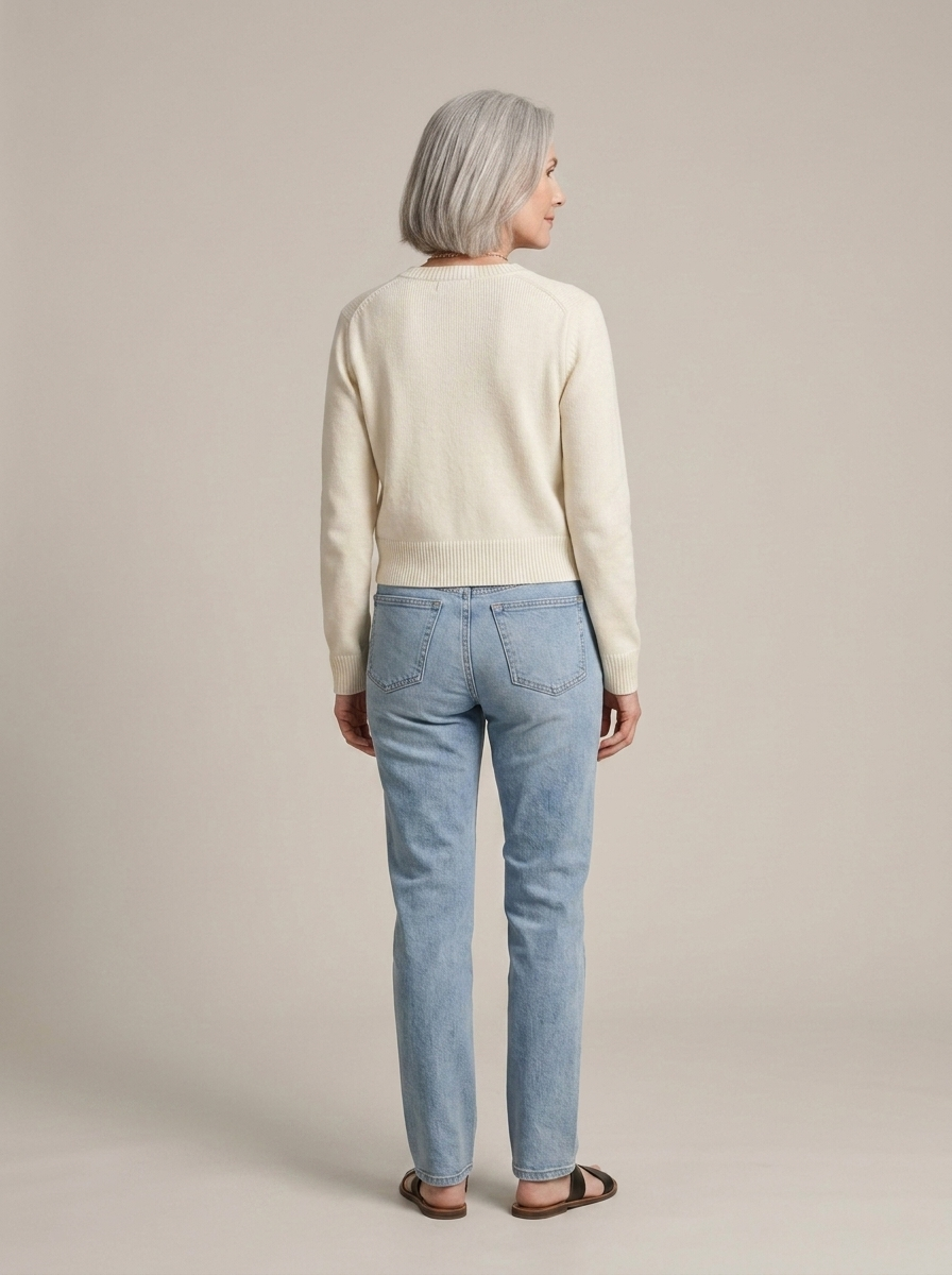 Cream Ribbed Cropped Knit Cardigan worn by a model, back view