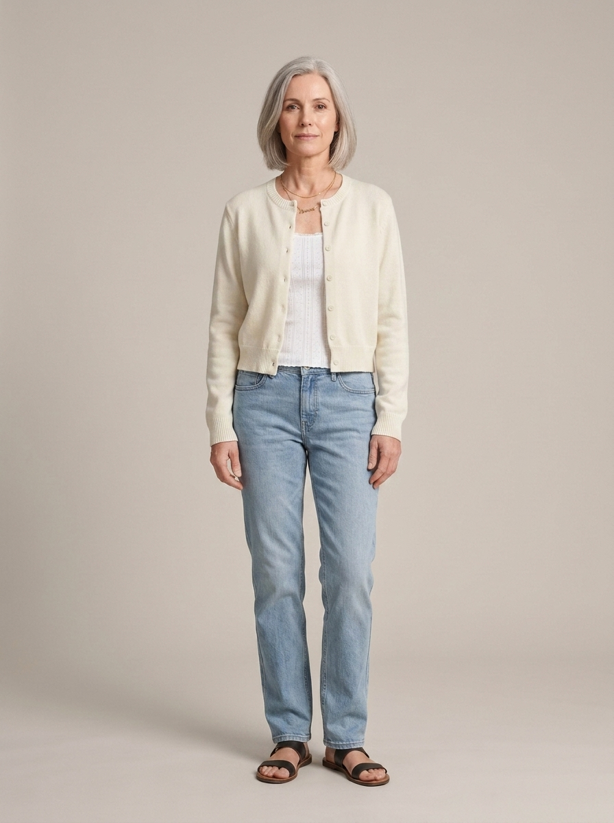 Cream Ribbed Cropped Knit Cardigan worn by a model, front view