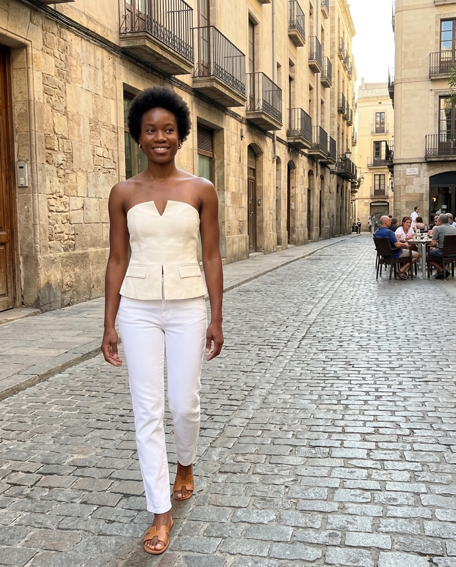 Cream Strapless Structured Peplum Top worn in an everyday street setting