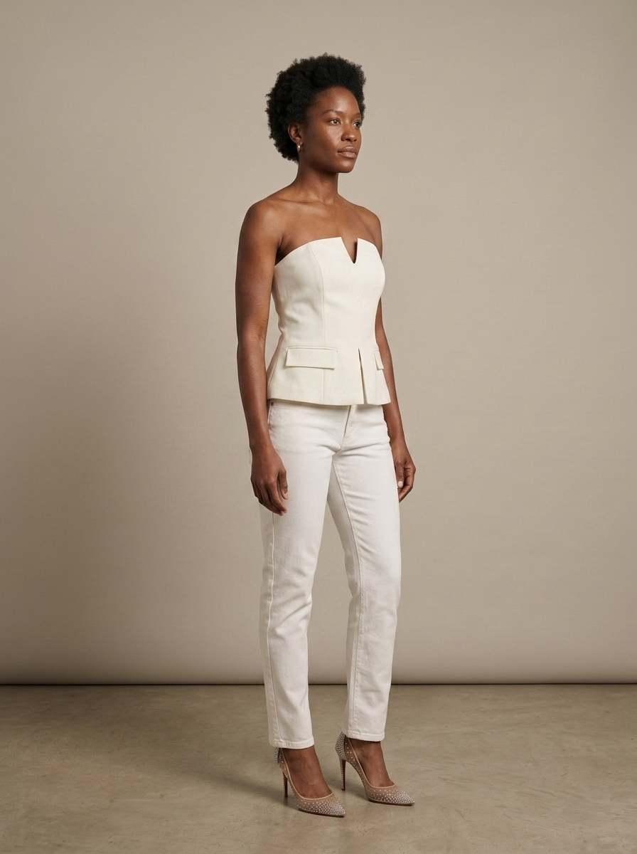 Cream Strapless Structured Peplum Top worn by a model, three-quarter angle