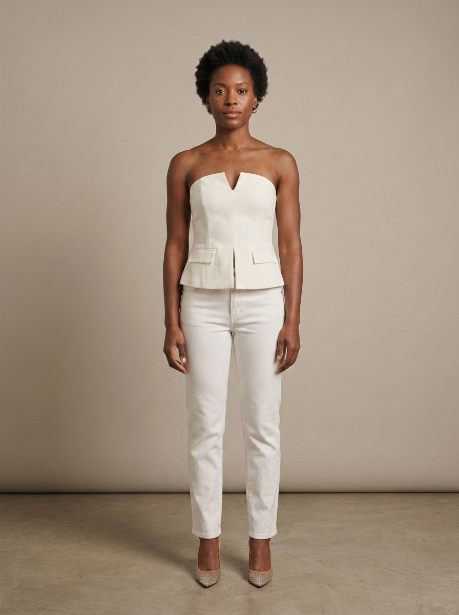 Cream Strapless Structured Peplum Top worn by a model, front view