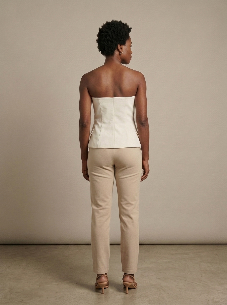 Cream Strapless Structured Peplum Top worn by a model, back view