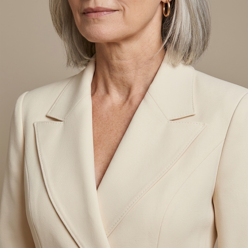 Close-up of Cream Tailored A-Line Midi Dress with Lapel detail