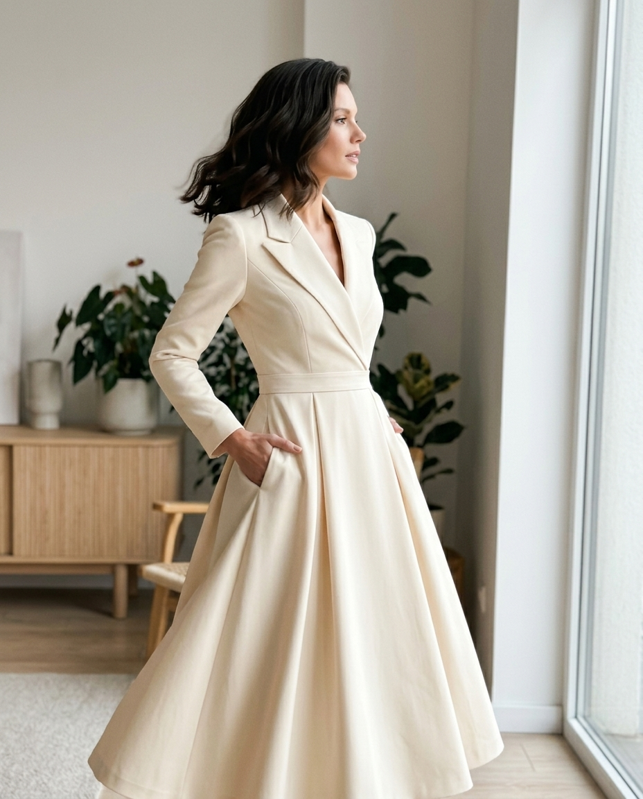 Cream Tailored A-Line Midi Dress with Lapel styled in a daylight interior setting