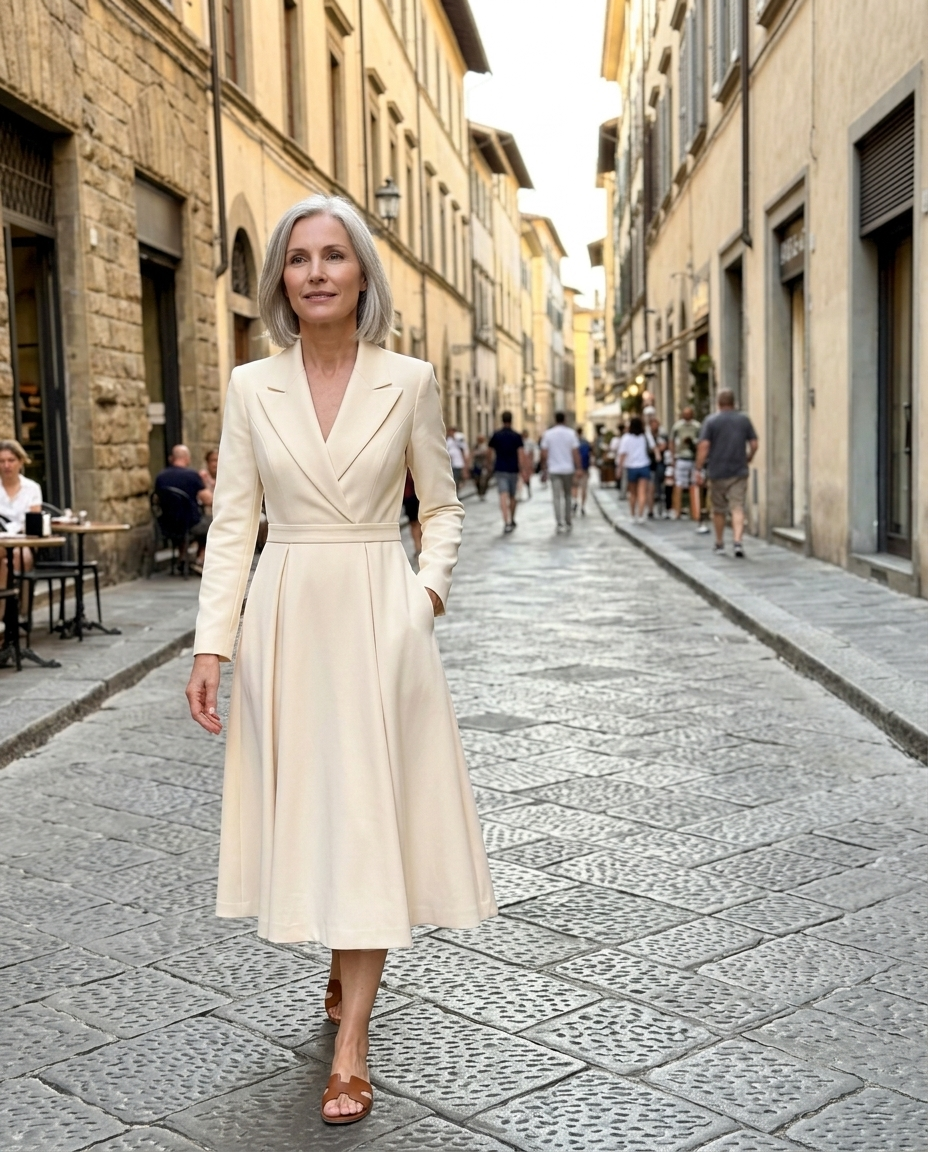 Cream Tailored A-Line Midi Dress with Lapel worn in an everyday street setting