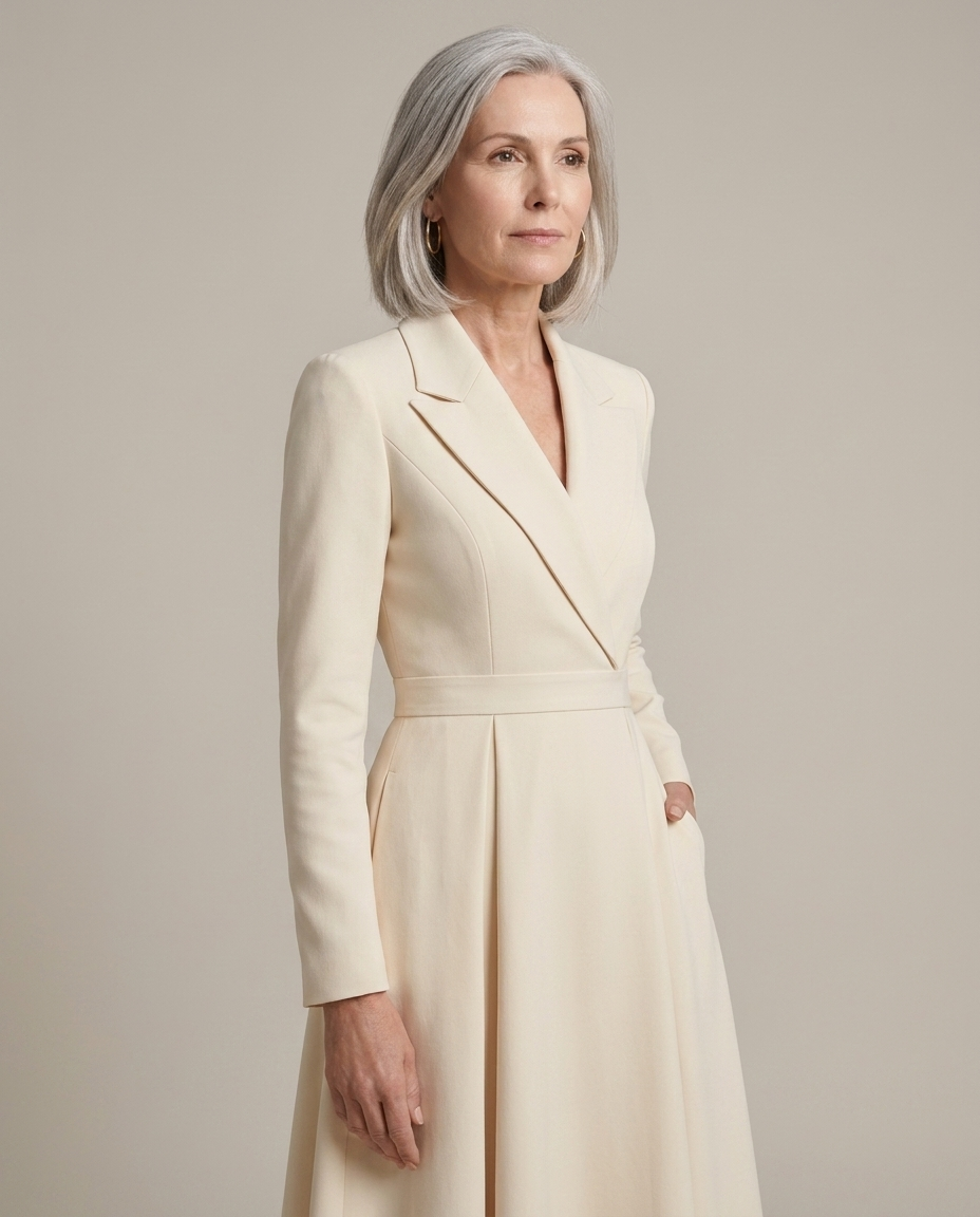 Cream Tailored A-Line Midi Dress with Lapel worn by a model, close waist-up view