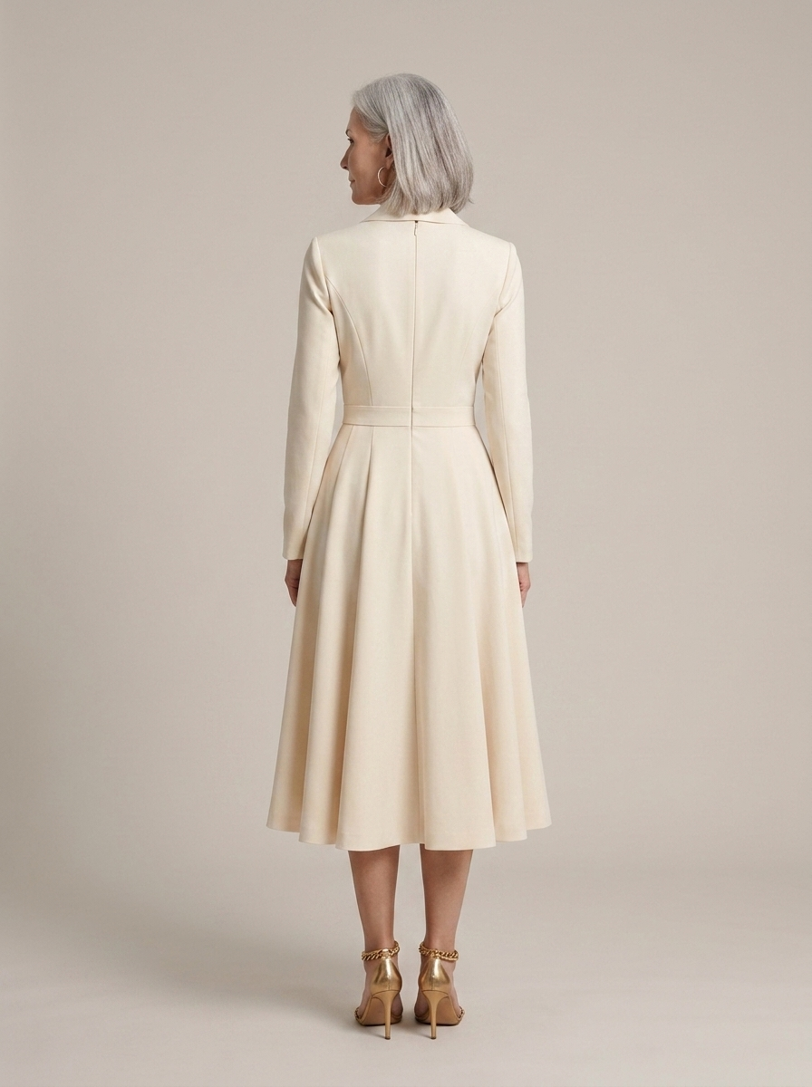 Cream Tailored A-Line Midi Dress with Lapel worn by a model, back view