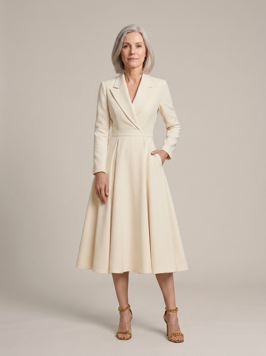 Cream Tailored A-Line Midi Dress with Lapel worn by a model, front view