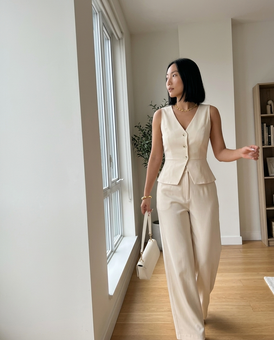 Cream Tailored Waistcoat, Wide-Leg Trouser Set styled in a daylight interior setting