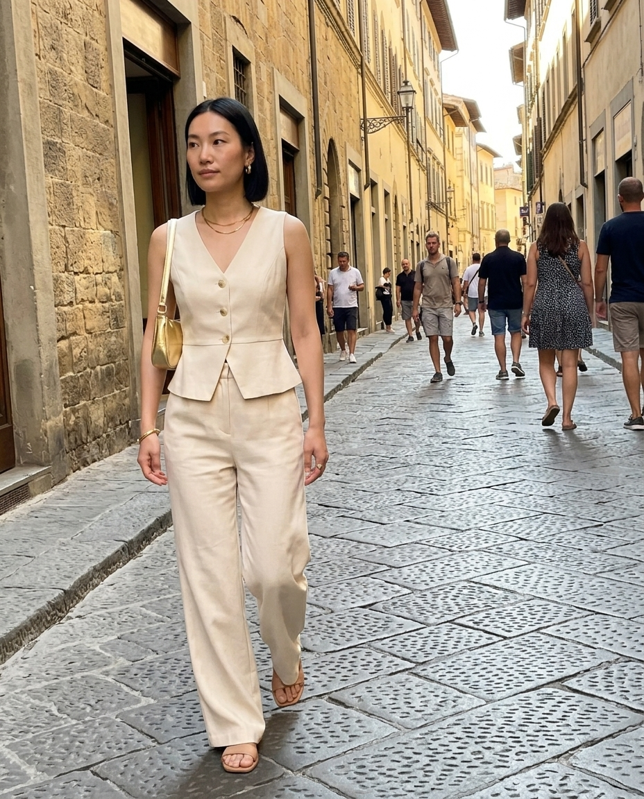 Cream Tailored Waistcoat, Wide-Leg Trouser Set worn in an everyday street setting
