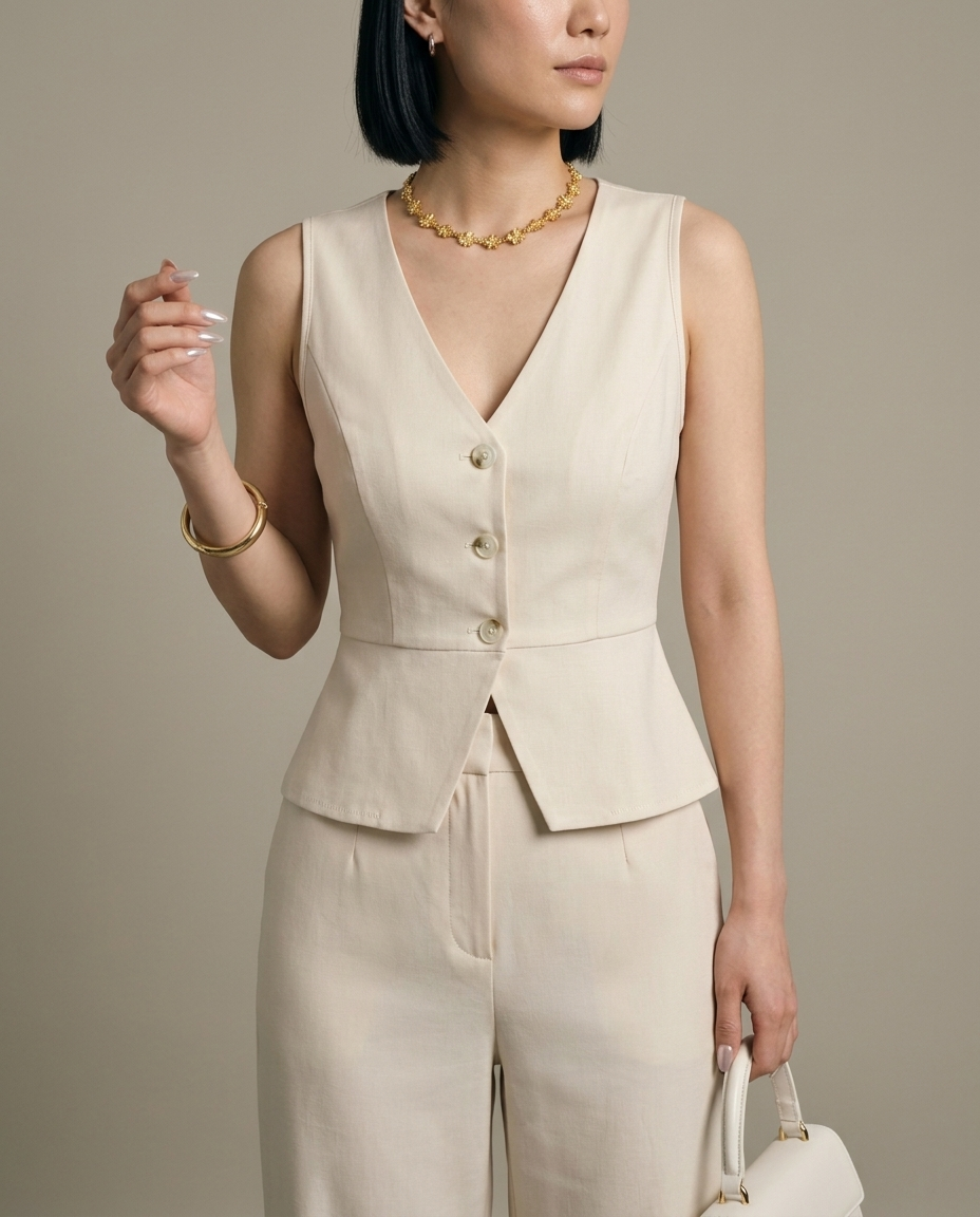 Cream Tailored Waistcoat, Wide-Leg Trouser Set worn by a model, close waist-up view
