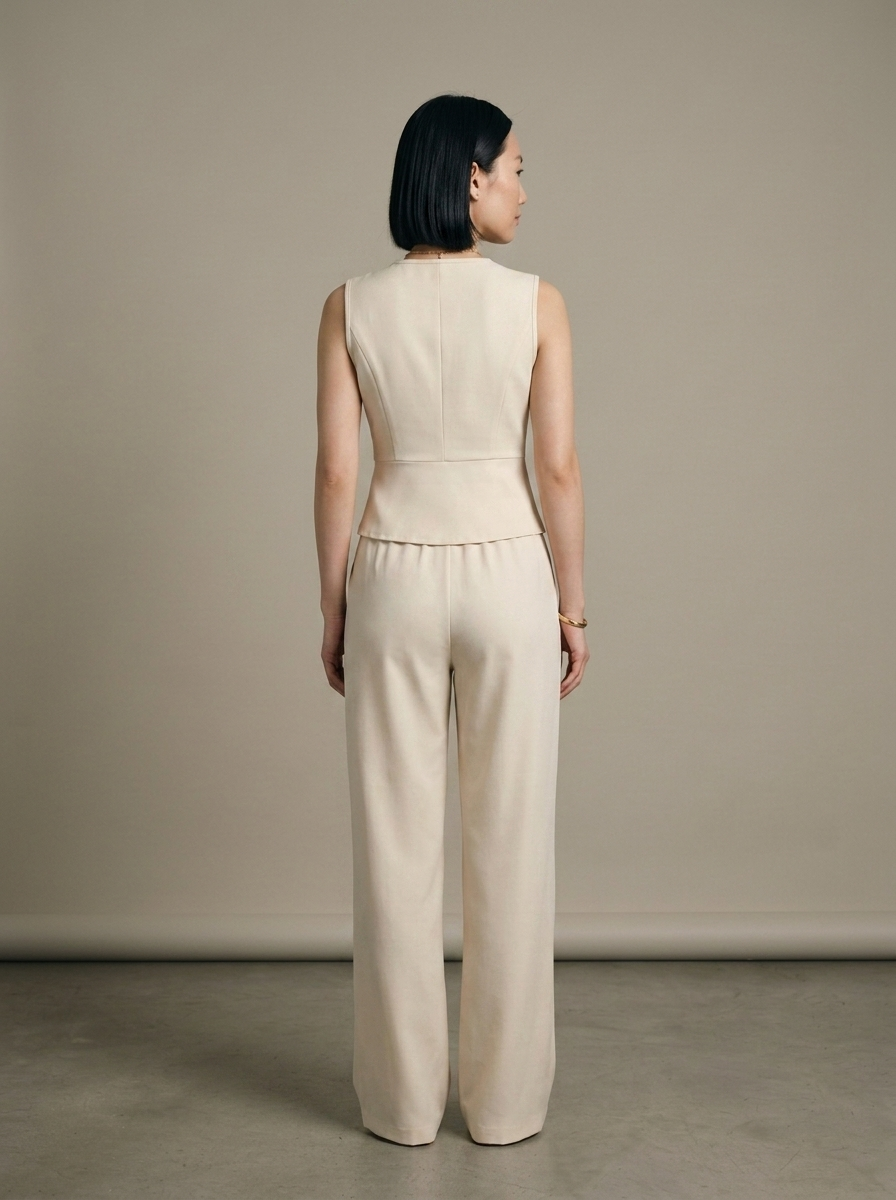 Cream Tailored Waistcoat, Wide-Leg Trouser Set worn by a model, back view