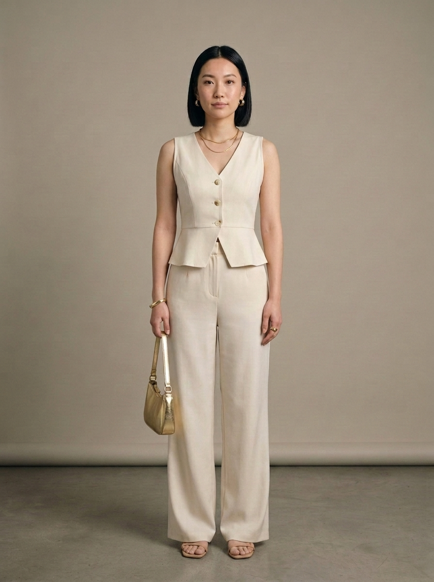 Cream Tailored Waistcoat, Wide-Leg Trouser Set worn by a model, front view