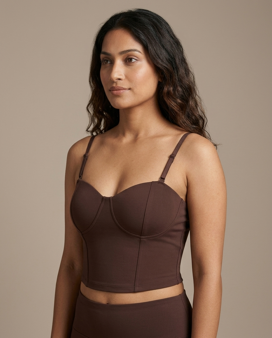 Crop Top Brown Sweetheart Strappy worn by a model, close waist-up view