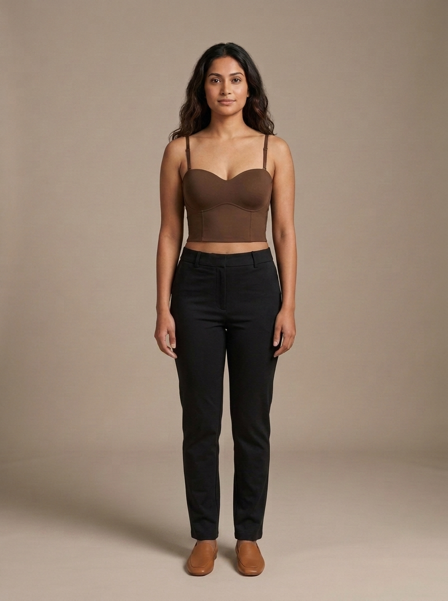 Crop Top Brown Sweetheart Strappy worn by a model, front view