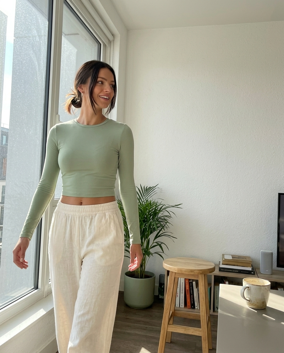 Cropped Long Sleeve Jersey Top, Sage Green styled in a daylight interior setting