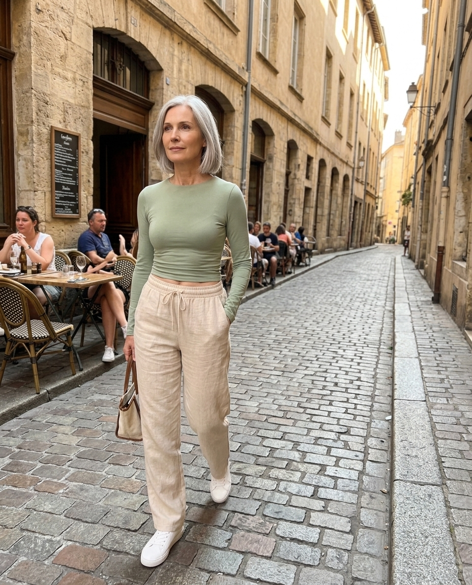 Cropped Long Sleeve Jersey Top, Sage Green worn in an everyday street setting
