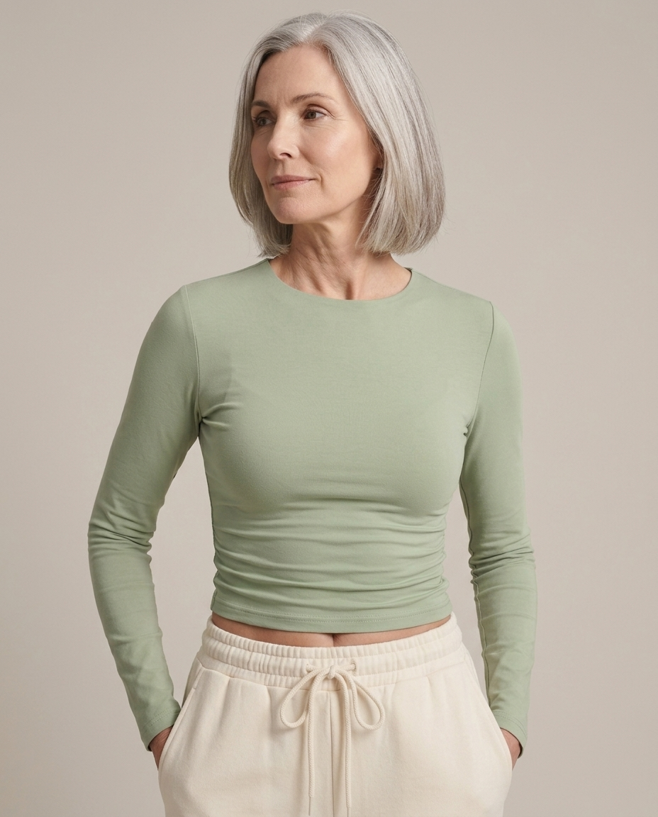 Cropped Long Sleeve Jersey Top, Sage Green worn by a model, close waist-up view