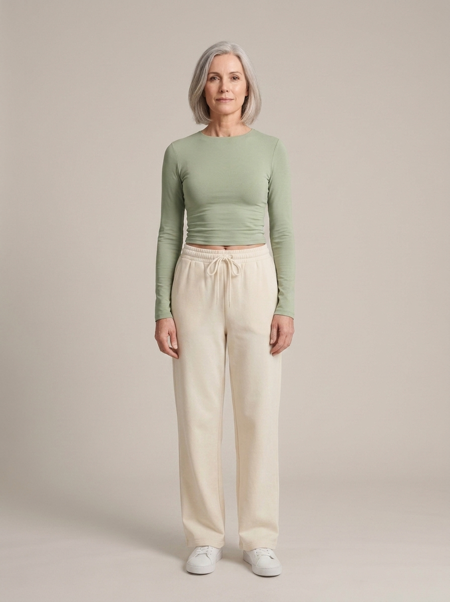 Cropped Long Sleeve Jersey Top, Sage Green worn by a model, front view
