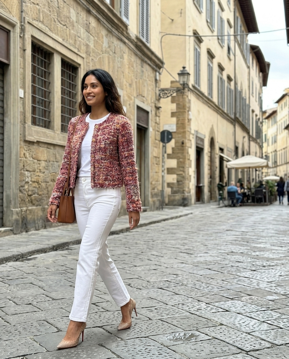 Cropped Multicolour Tweed Jacket worn in an everyday street setting