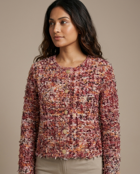 Cropped Multicolour Tweed Jacket worn by a model, close waist-up view