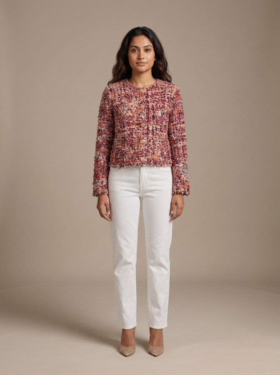 Cropped Multicolour Tweed Jacket worn by a model, front view