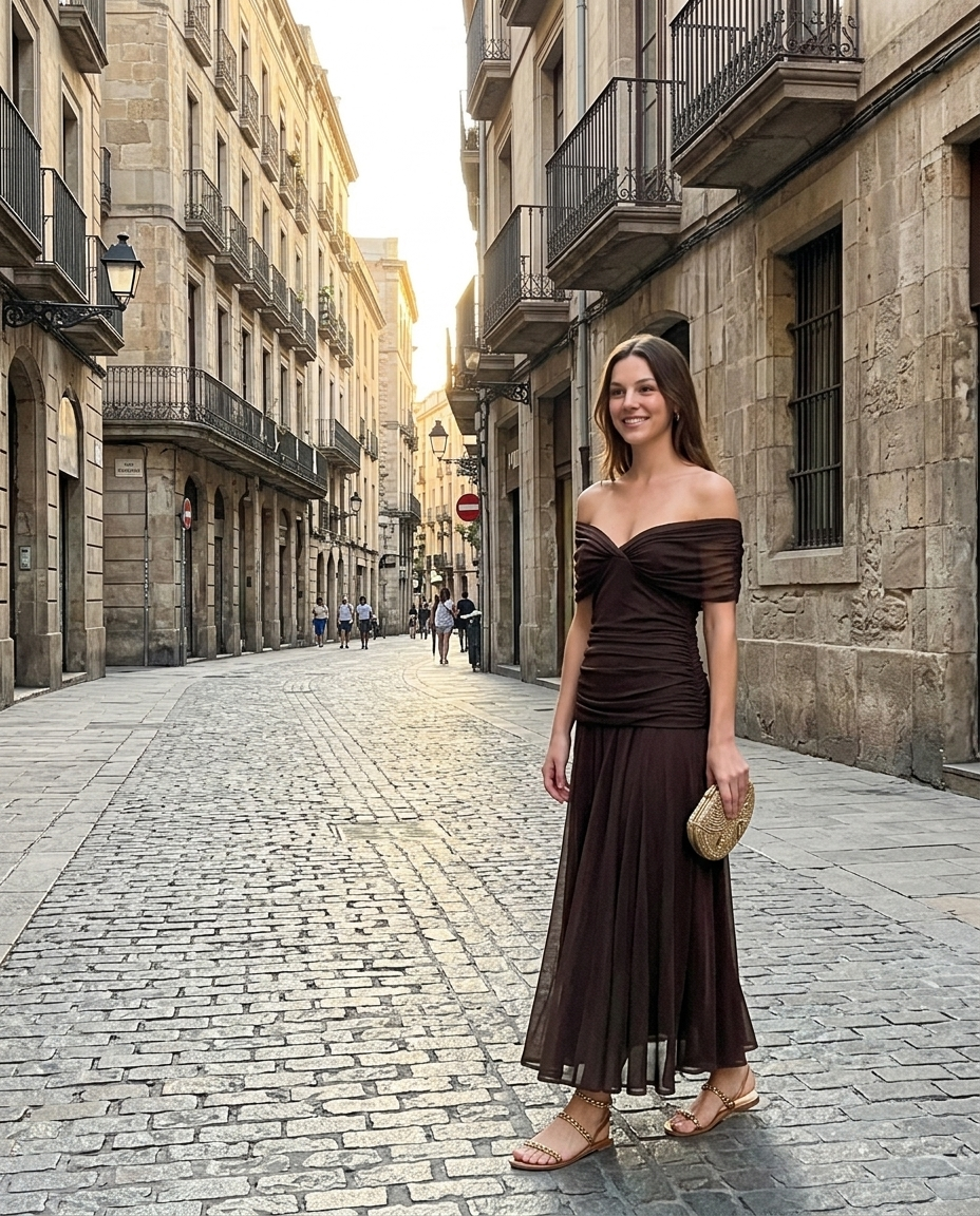 Dark Brown Off-Shoulder Ruched Maxi Dress worn in an everyday street setting