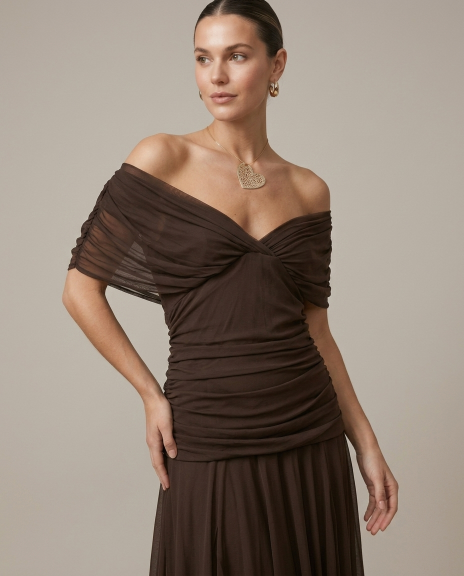 Dark Brown Off-Shoulder Ruched Maxi Dress worn by a model, close waist-up view