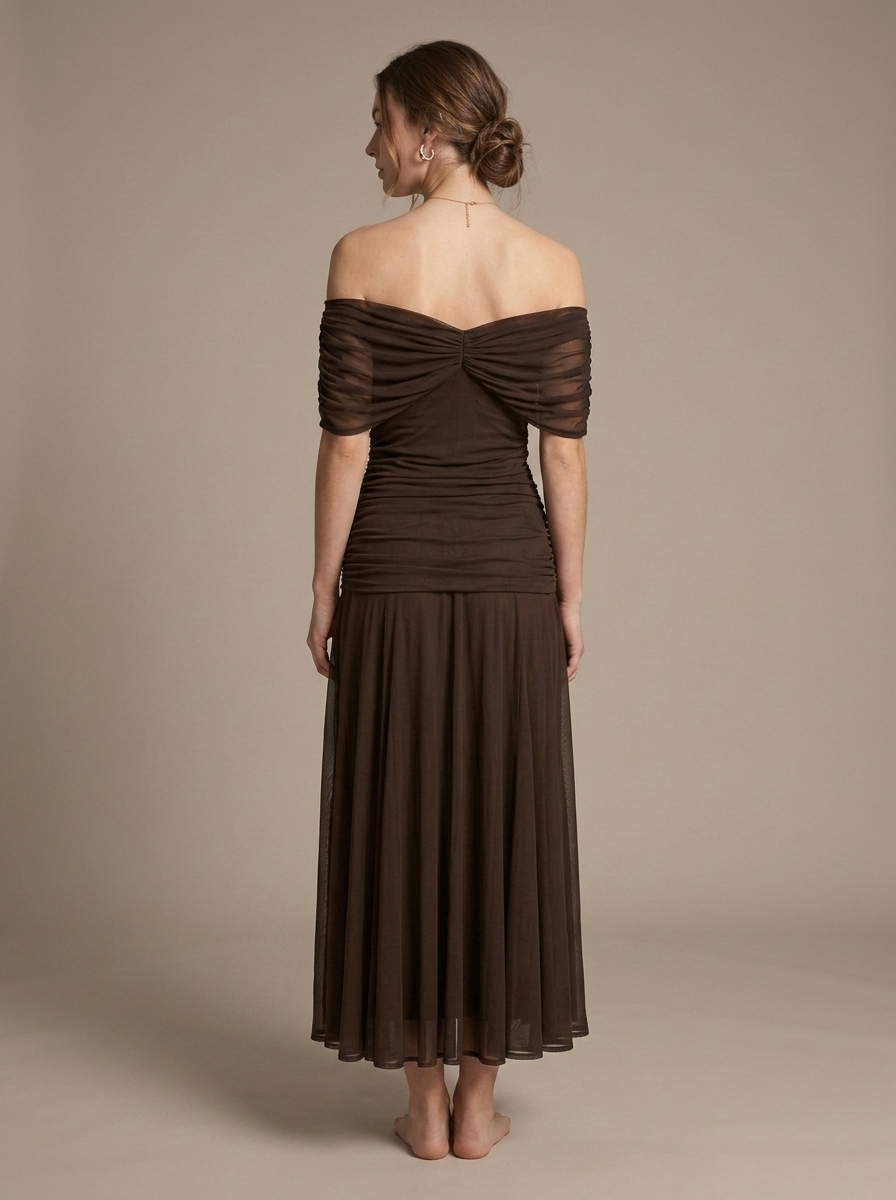 Dark Brown Off-Shoulder Ruched Maxi Dress worn by a model, back view