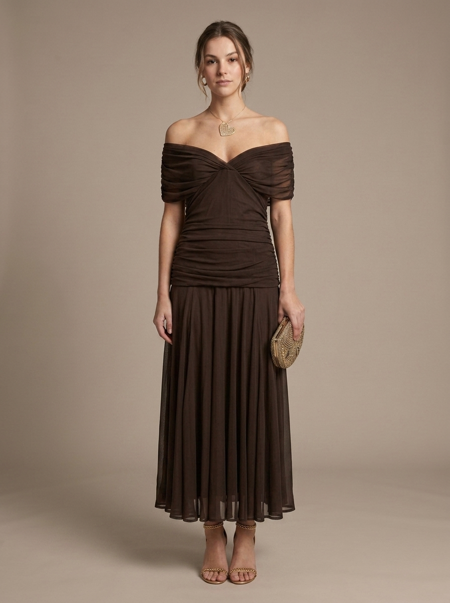 Dark Brown Off-Shoulder Ruched Maxi Dress worn by a model, front view