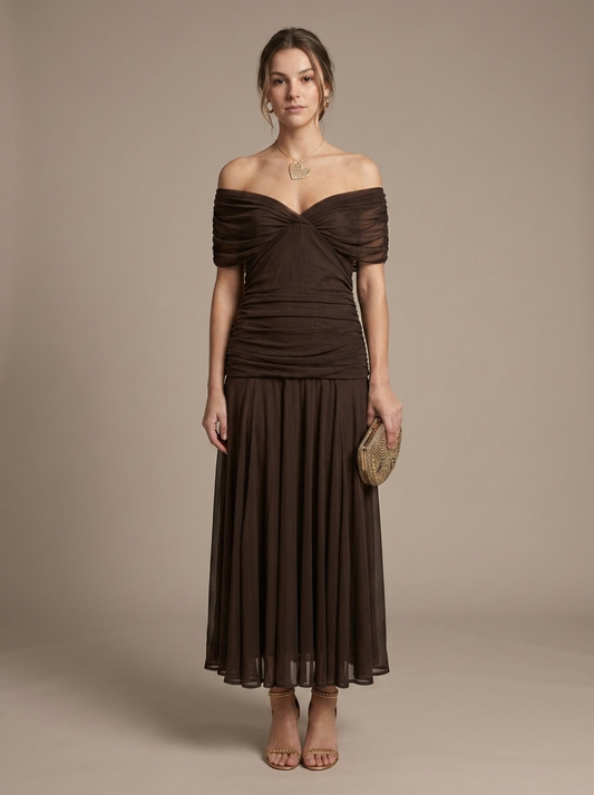 Dark Brown Off-Shoulder Ruched Maxi Dress worn by a model, front view