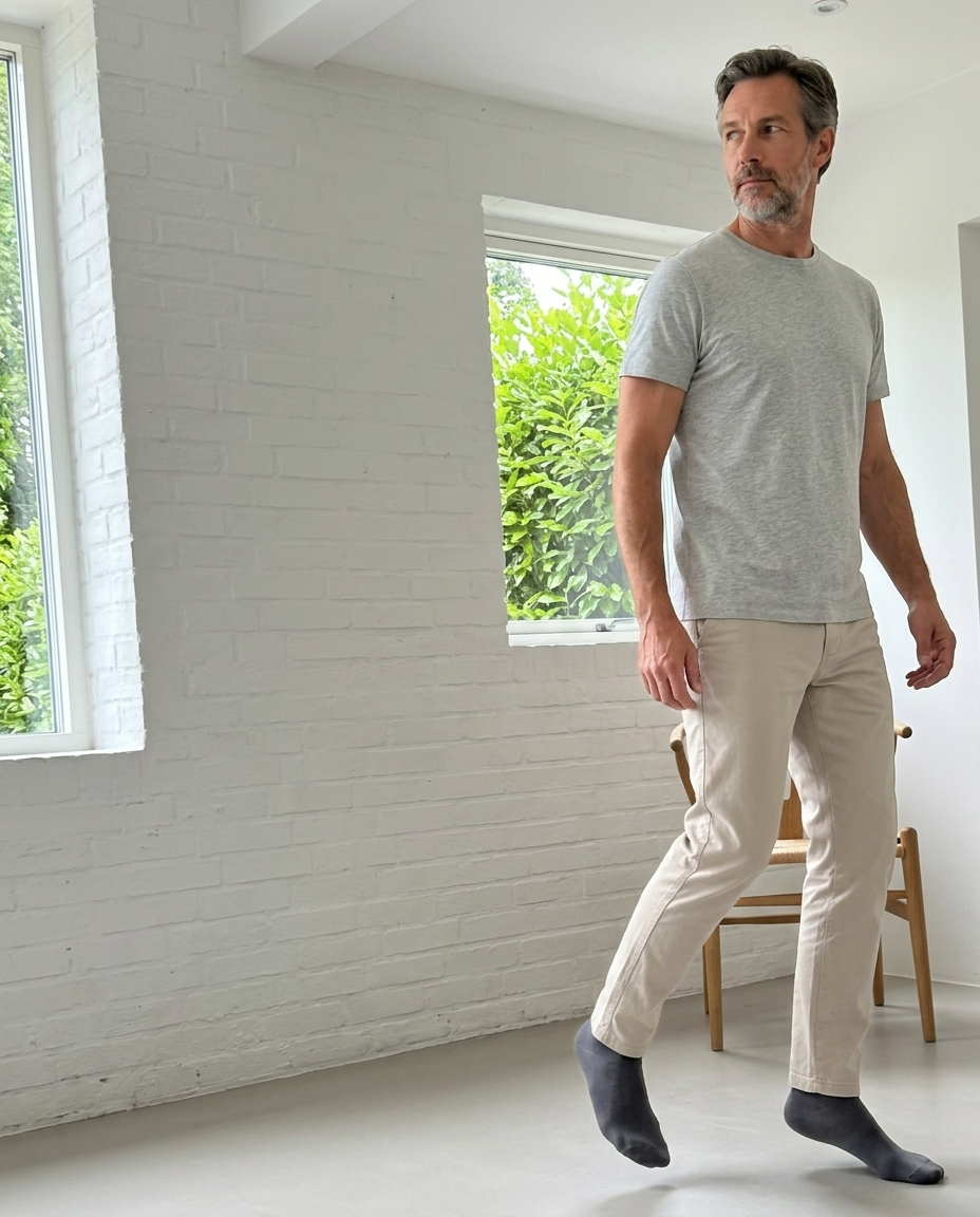 Dark Grey Smooth Cotton Crew Socks styled in a daylight interior setting