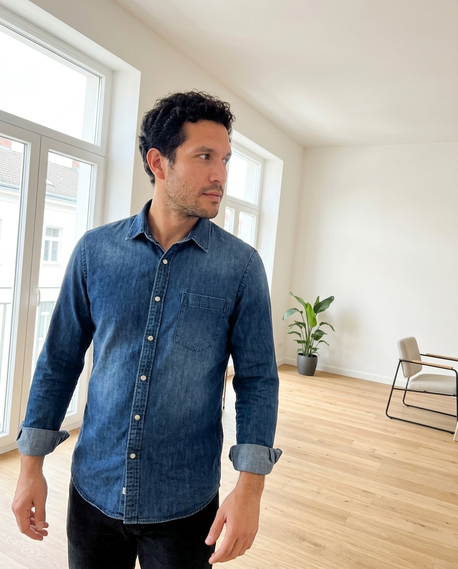 Denim Long Sleeve Button-Front Shirt styled in a daylight interior setting