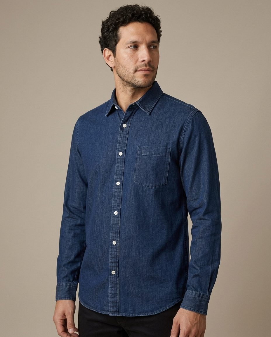 Denim Long Sleeve Button-Front Shirt worn by a model, close waist-up view