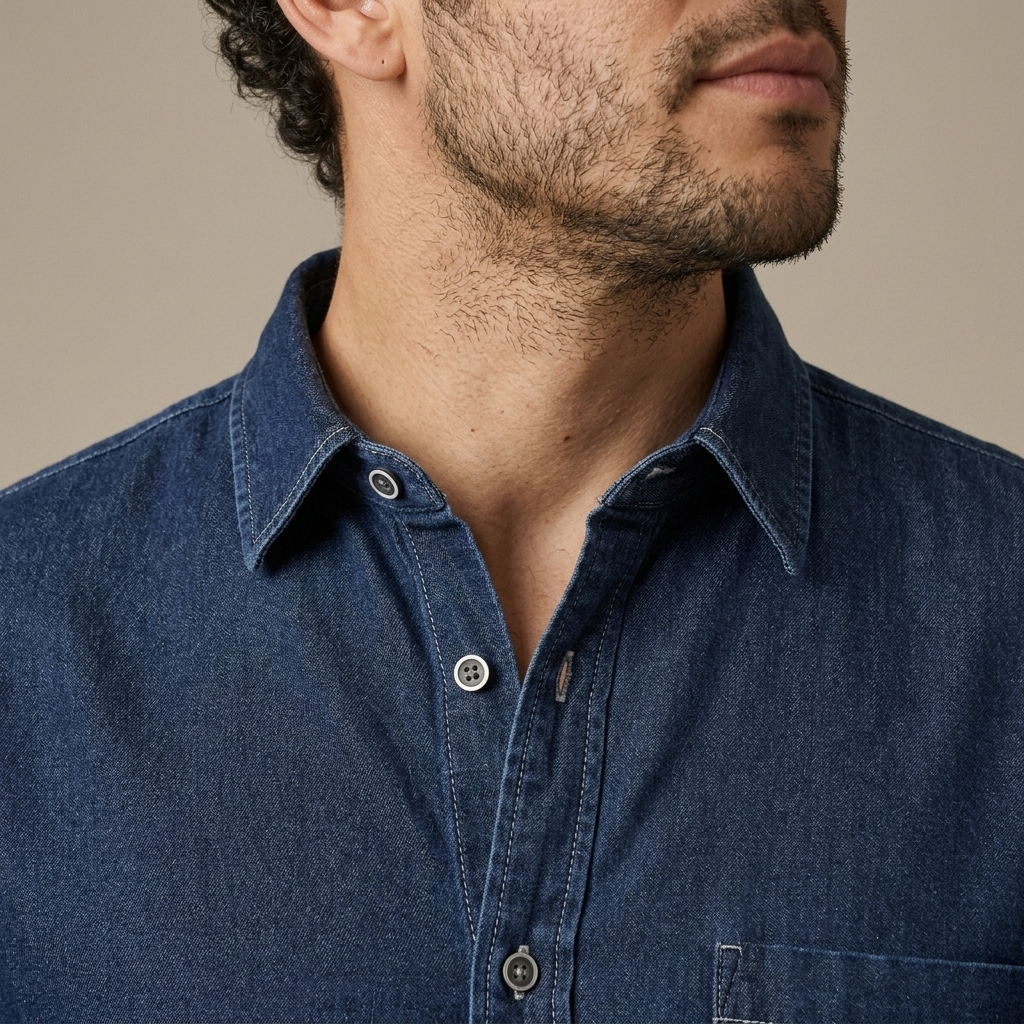 Denim Long Sleeve Button-Front Shirt worn, close-up