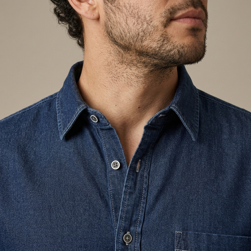Denim Long Sleeve Button-Front Shirt worn, close-up